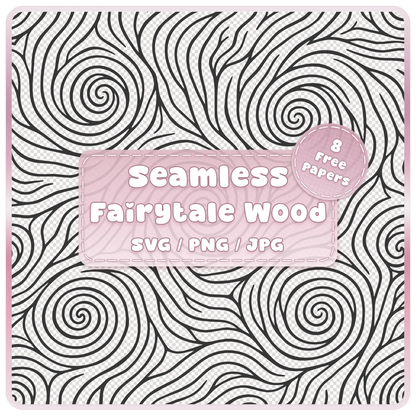 Fairytale woodgrain seamless pattern overlay in SVG, PNG and JPG, featuring bold swirling wood knots, flowing grain lines and bonus colour papers.