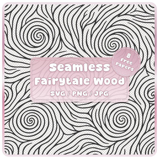 Fairytale woodgrain seamless pattern overlay in SVG, PNG and JPG, featuring bold swirling wood knots, flowing grain lines and bonus colour papers.