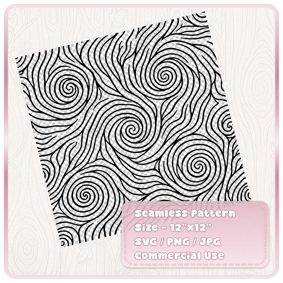 Black seamless fairytale wood grain SVG pattern on a transparent checkerboard background, with large spiral wood knots and flowing hand-drawn lines.