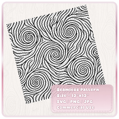 Black seamless fairytale wood grain SVG pattern on a transparent checkerboard background, with large spiral wood knots and flowing hand-drawn lines.