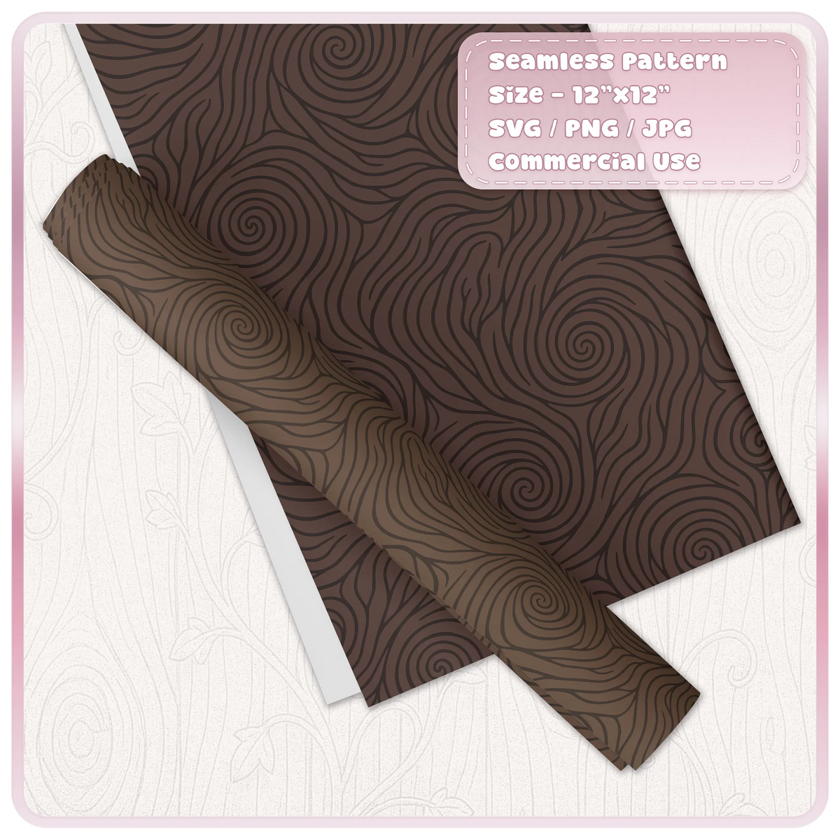 Dark brown fairytale woodgrain seamless pattern displayed on wrapping paper, featuring swirling wood knots and decorative flowing timber grain.