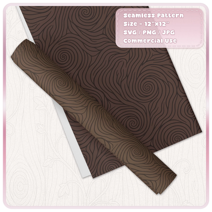 Dark brown fairytale woodgrain seamless pattern displayed on wrapping paper, featuring swirling wood knots and decorative flowing timber grain.