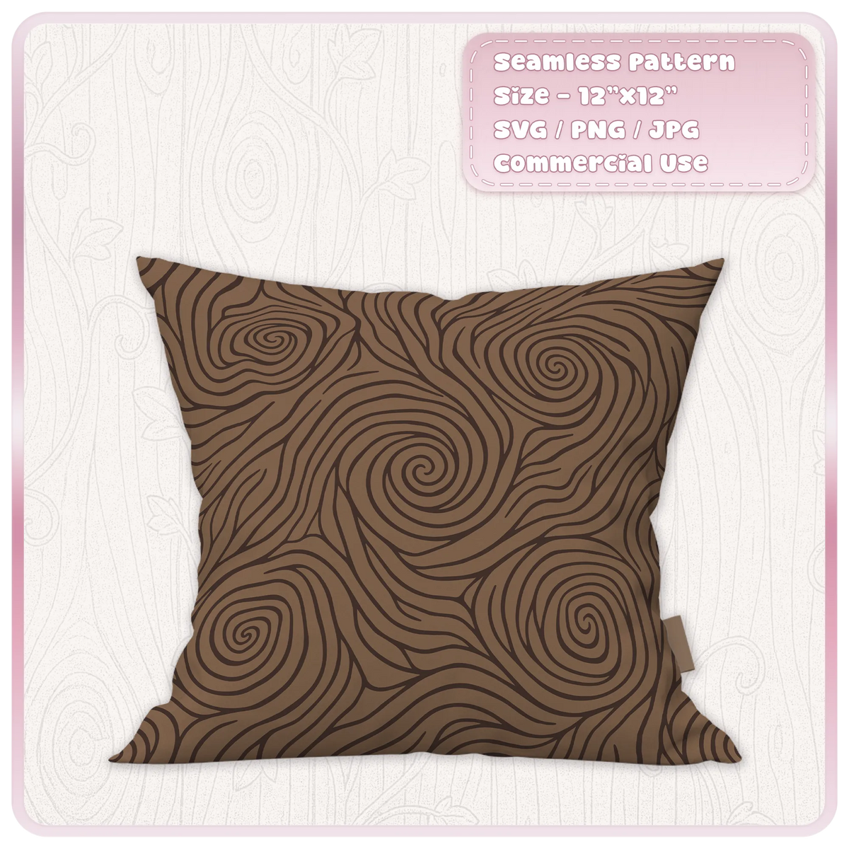 Brown decorative cushion mockup featuring a whimsical seamless wood grain pattern with large spiral knots and flowing rustic lines.