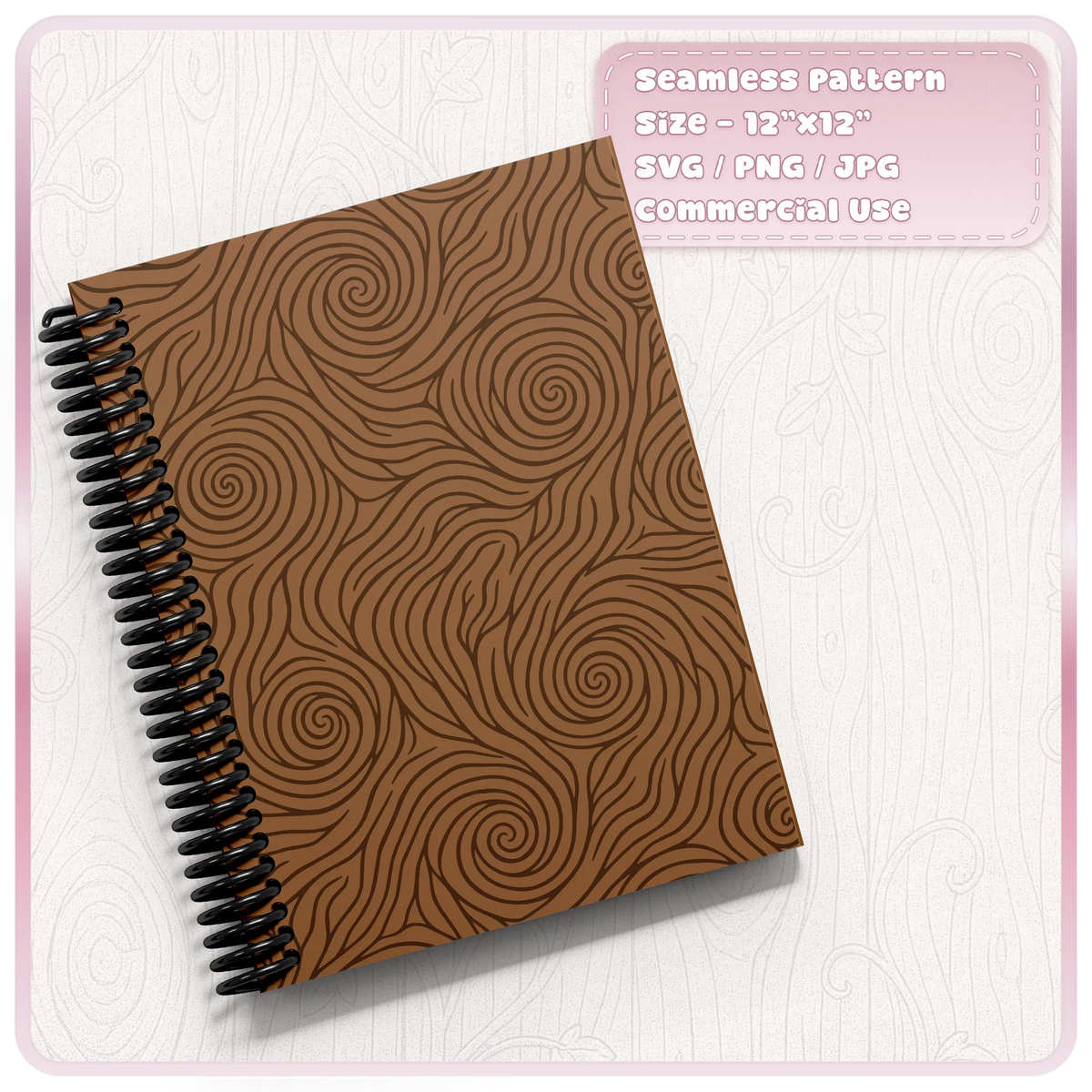 Warm brown fairytale woodgrain seamless pattern on a spiral notebook cover, with swirling wood knots and flowing lines for rustic stationery crafts.