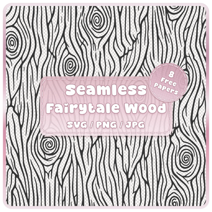 Fairytale woodgrain seamless pattern overlay in SVG, PNG and JPG, featuring flowing vertical timber grain, twisting lines and spiral wood knots.