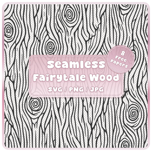 Fairytale woodgrain seamless pattern overlay in SVG, PNG and JPG, featuring flowing vertical timber grain, twisting lines and spiral wood knots.