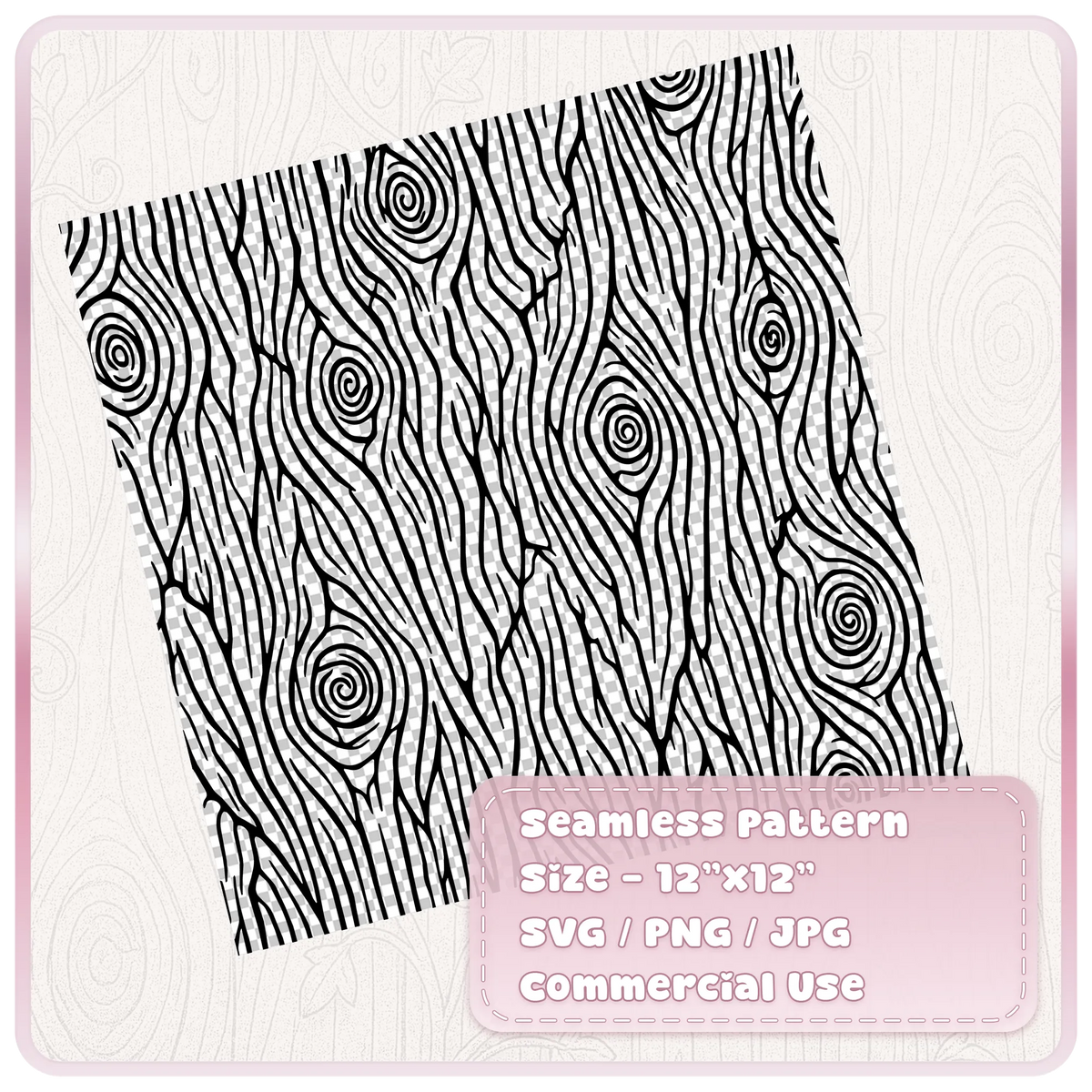 Black seamless woodgrain pattern on a transparent checkerboard background, with long flowing grain lines and large spiral wood knots.
