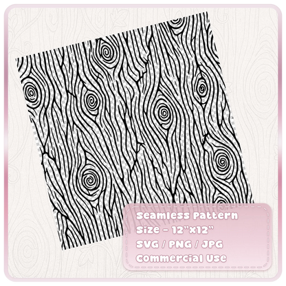 Black seamless woodgrain pattern on a transparent checkerboard background, with long flowing grain lines and large spiral wood knots.