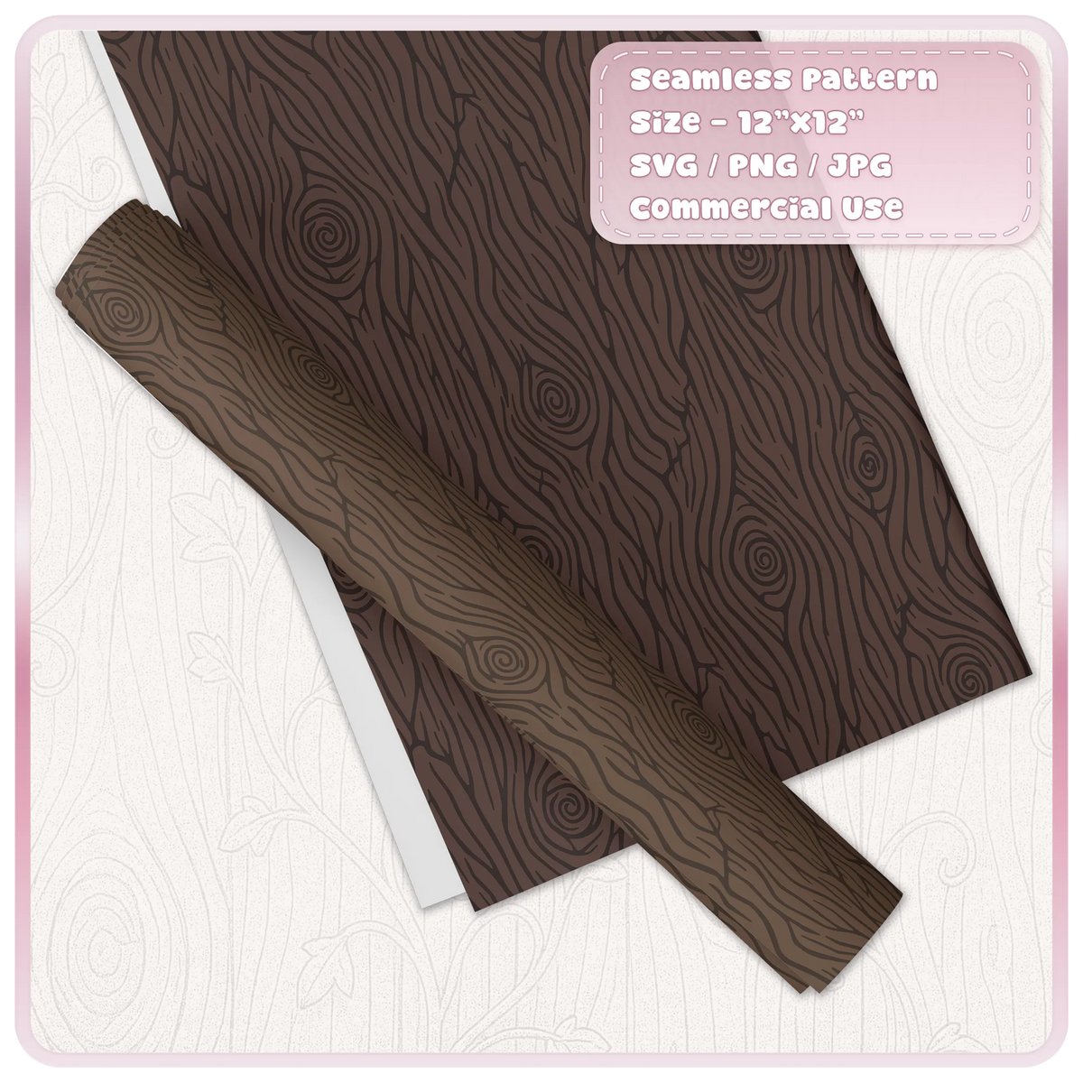 Dark brown fairytale woodgrain seamless pattern on wrapping paper, featuring flowing vertical wood texture and spiral knot details.