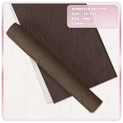 Dark brown fairytale woodgrain seamless pattern on wrapping paper, featuring flowing vertical wood texture and spiral knot details.