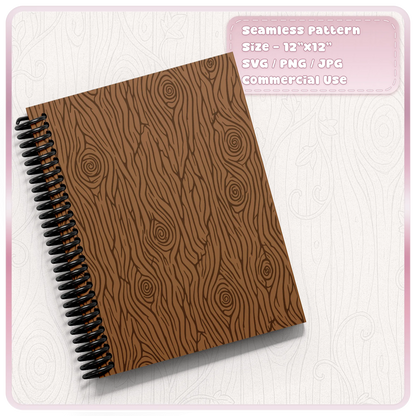 Warm brown seamless fairytale woodgrain pattern on a spiral notebook cover, featuring rustic vertical timber lines and swirling wood knots.