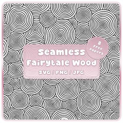 Fairytale woodgrain seamless pattern overlay in SVG, PNG and JPG, featuring circular tree rings and wood slice outlines with 8 bonus colour papers.