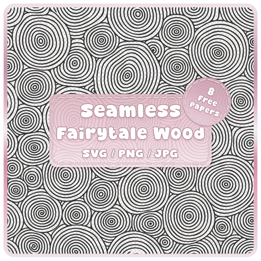 Fairytale woodgrain seamless pattern overlay in SVG, PNG and JPG, featuring circular tree rings and wood slice outlines with 8 bonus colour papers.