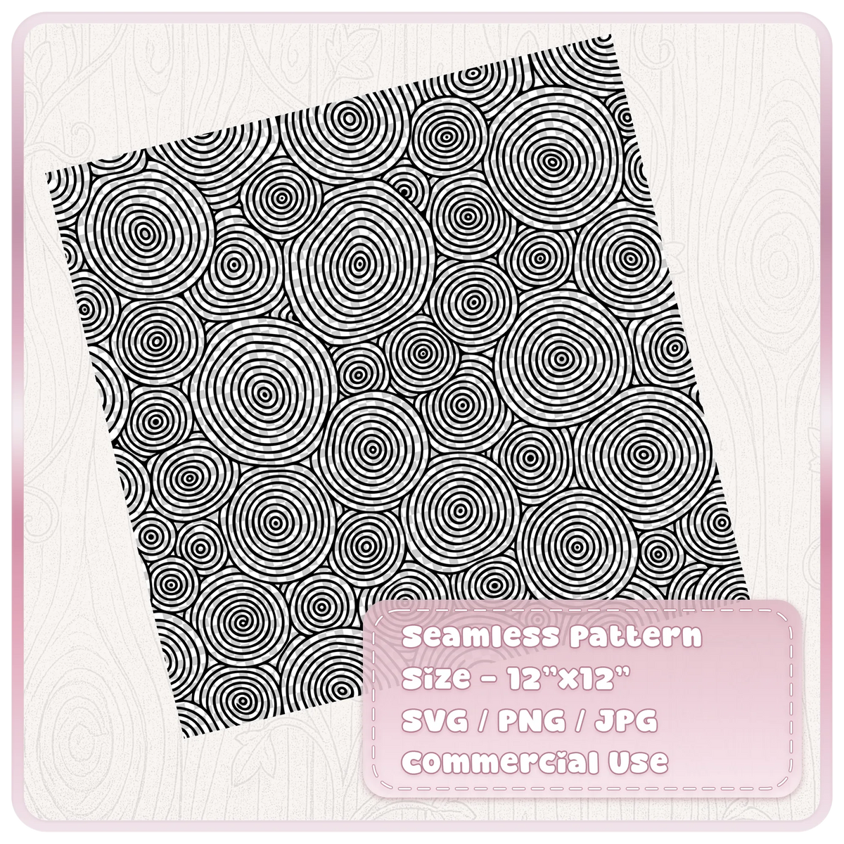 Black seamless tree ring pattern on a transparent checkerboard background, featuring overlapping circular wood slices with detailed concentric grain lines.