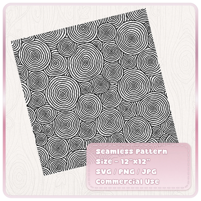 Black seamless tree ring pattern on a transparent checkerboard background, featuring overlapping circular wood slices with detailed concentric grain lines.