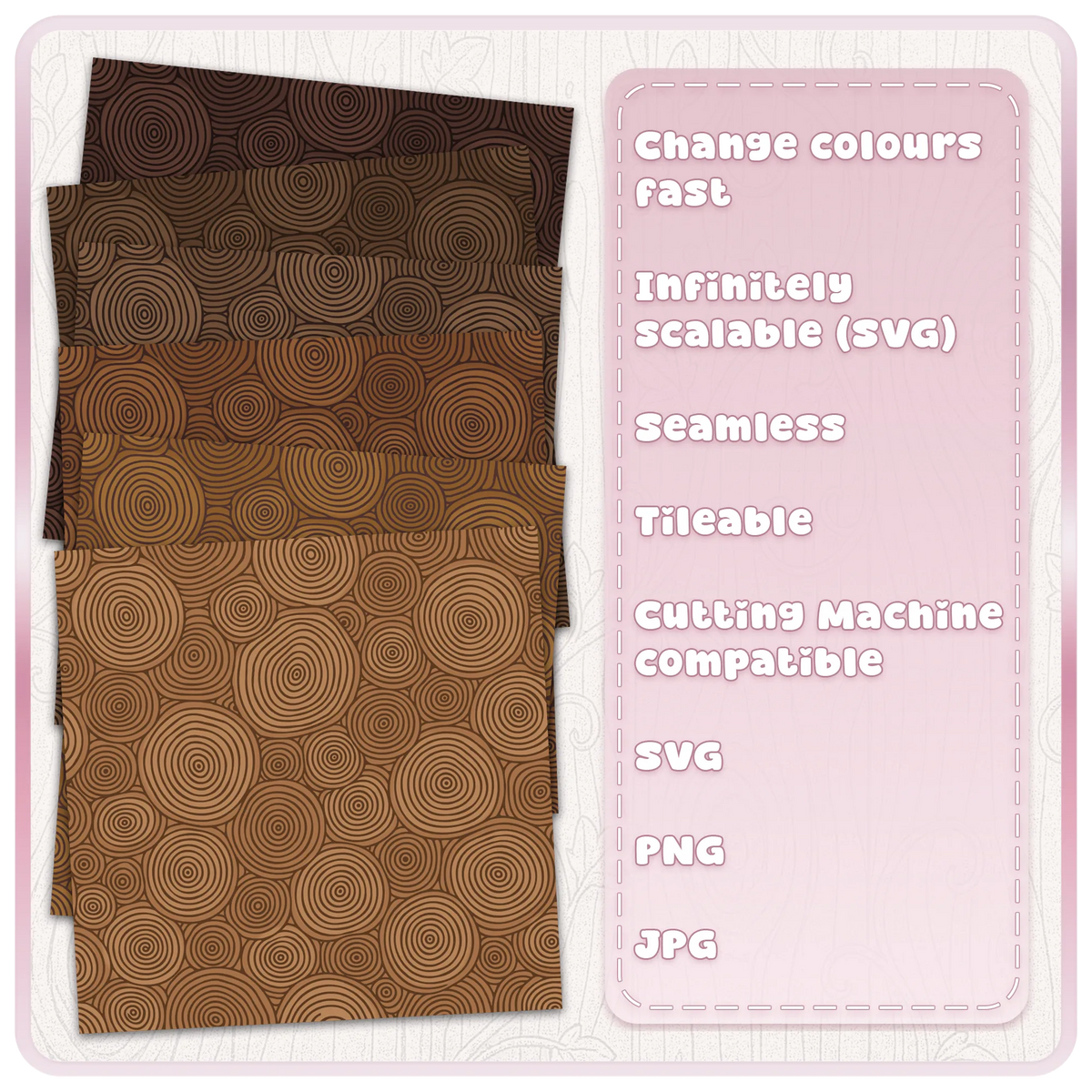 Six natural brown colour examples of a seamless fairytale tree ring pattern, showing wood slices with concentric grain lines and rustic woodland tones.