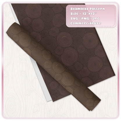 Dark brown seamless wood slice and tree ring pattern displayed on wrapping paper, featuring circular log grain details for rustic woodland crafts.