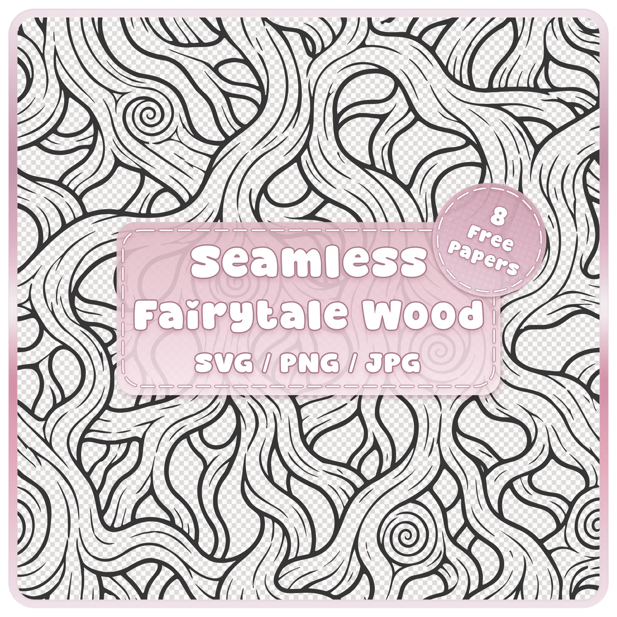 Fairytale woodgrain seamless pattern overlay in SVG, PNG and JPG, featuring twisting tree roots, flowing wood grain and spiral knots.