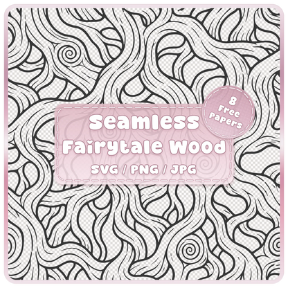 Fairytale woodgrain seamless pattern overlay in SVG, PNG and JPG, featuring twisting tree roots, flowing wood grain and spiral knots.