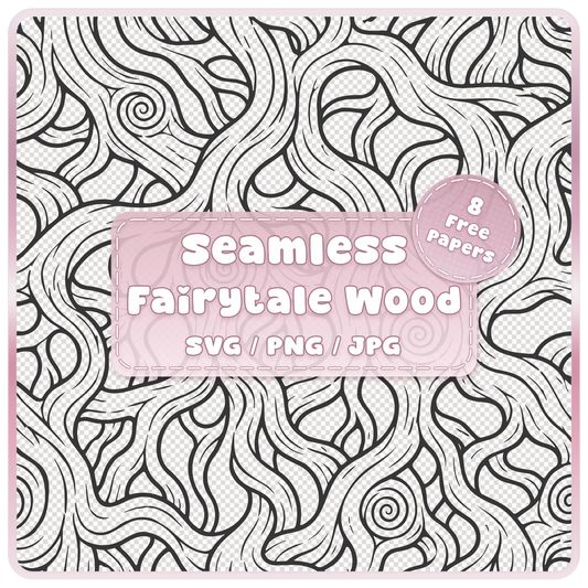 Fairytale woodgrain seamless pattern overlay in SVG, PNG and JPG, featuring twisting tree roots, flowing wood grain and spiral knots.