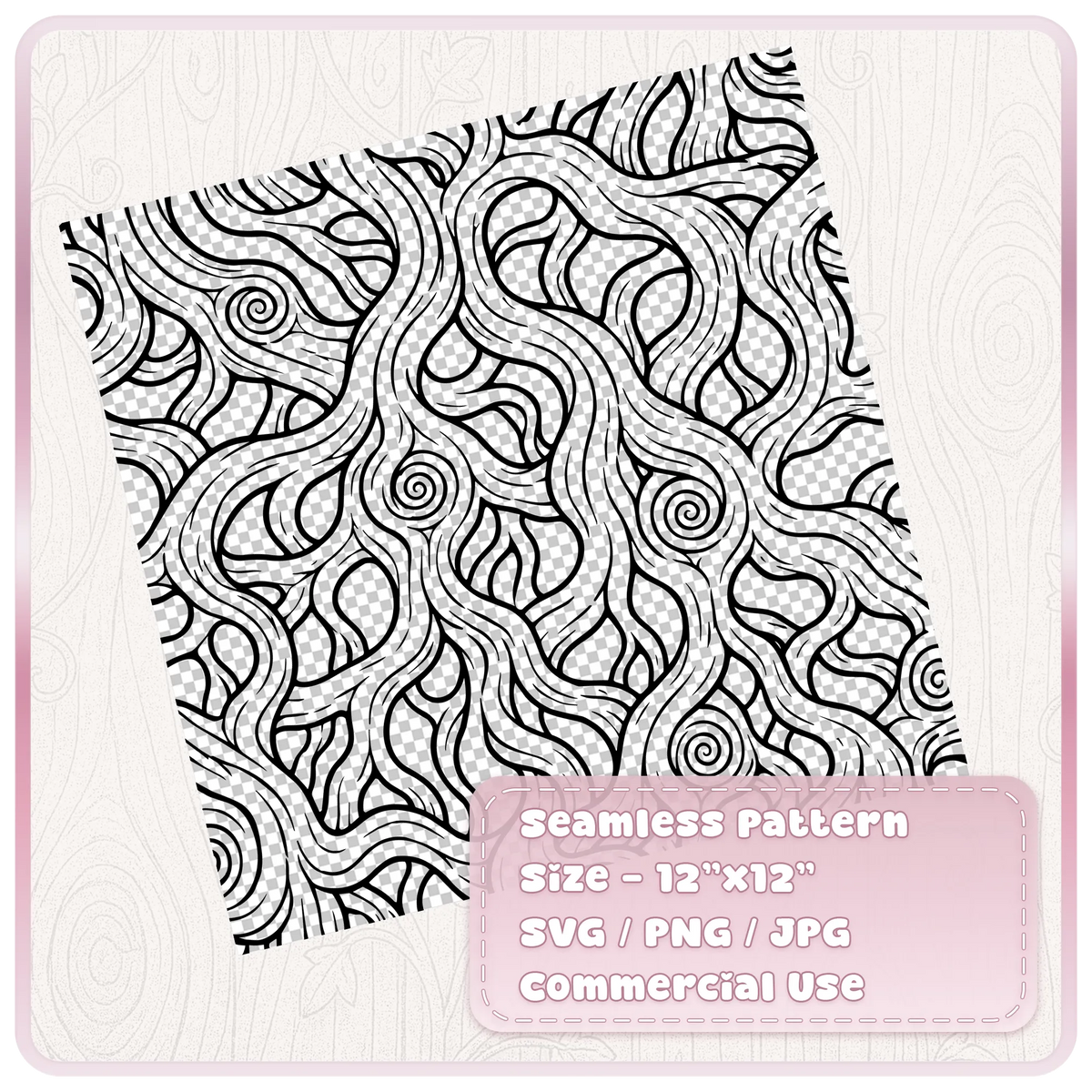 Black seamless twisted woodgrain pattern on a transparent checkerboard background, with intertwining tree-root shapes and decorative spiral knots.