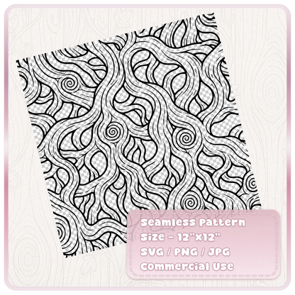 Black seamless twisted woodgrain pattern on a transparent checkerboard background, with intertwining tree-root shapes and decorative spiral knots.