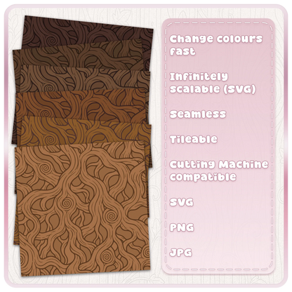 Six rustic brown colour examples of a seamless fairytale woodgrain pattern, featuring intertwined tree roots and flowing woodland-inspired lines.