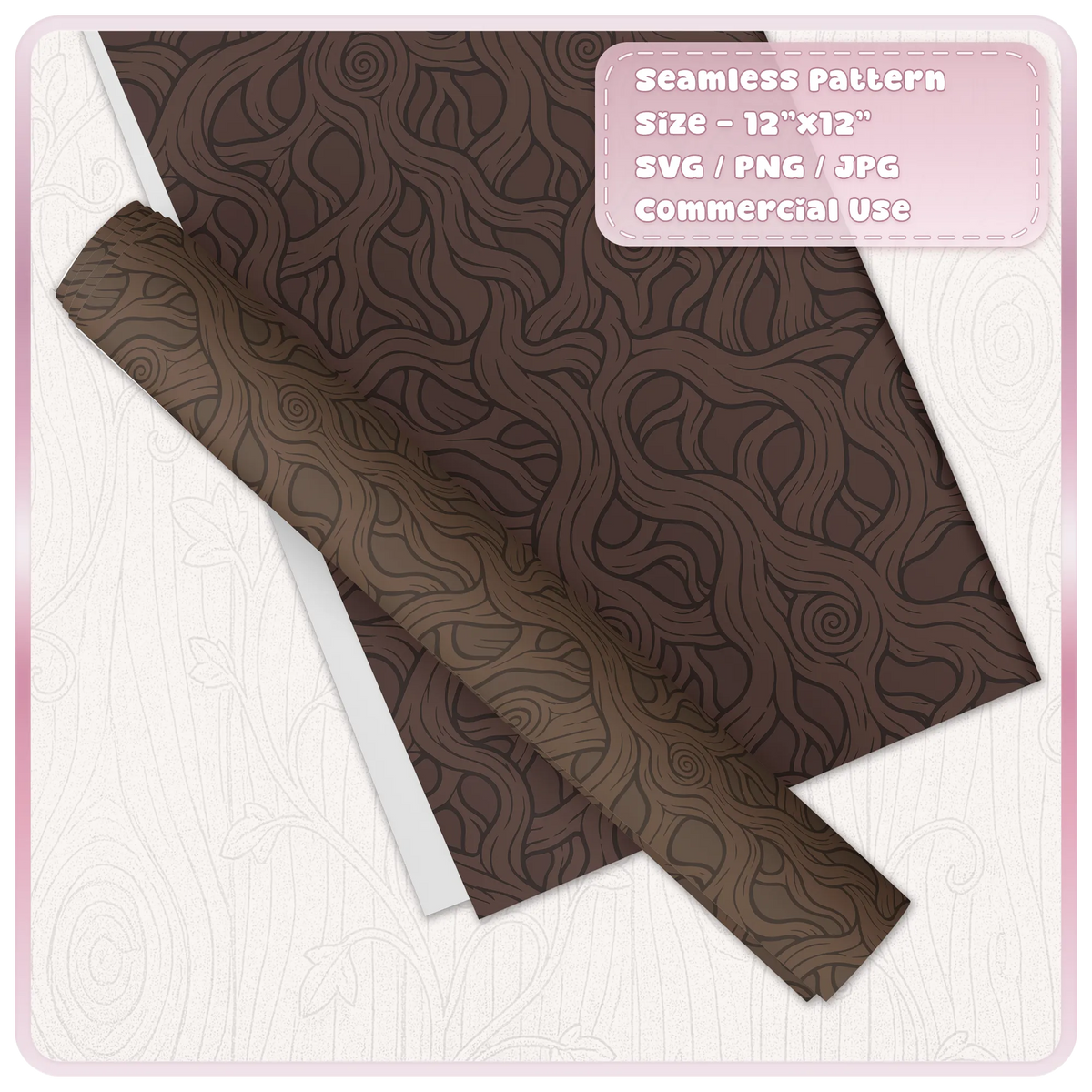 Dark brown fairytale woodgrain seamless pattern displayed on wrapping paper, with twisting tree-root shapes and flowing rustic wood texture.