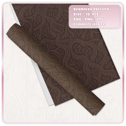Dark brown fairytale woodgrain seamless pattern displayed on wrapping paper, with twisting tree-root shapes and flowing rustic wood texture.