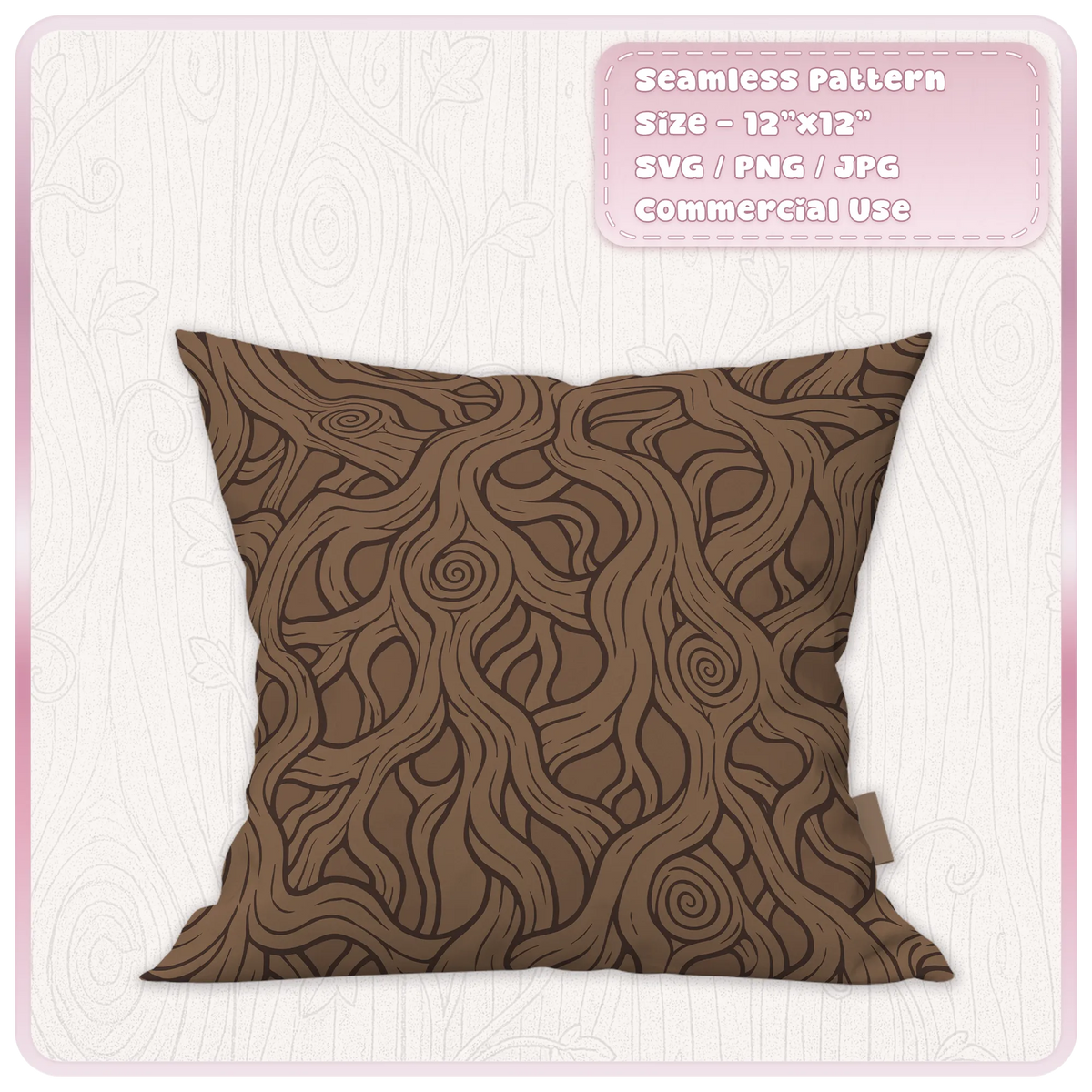 Brown decorative cushion featuring a seamless enchanted forest woodgrain pattern with intertwining tree roots and spiral knot details.