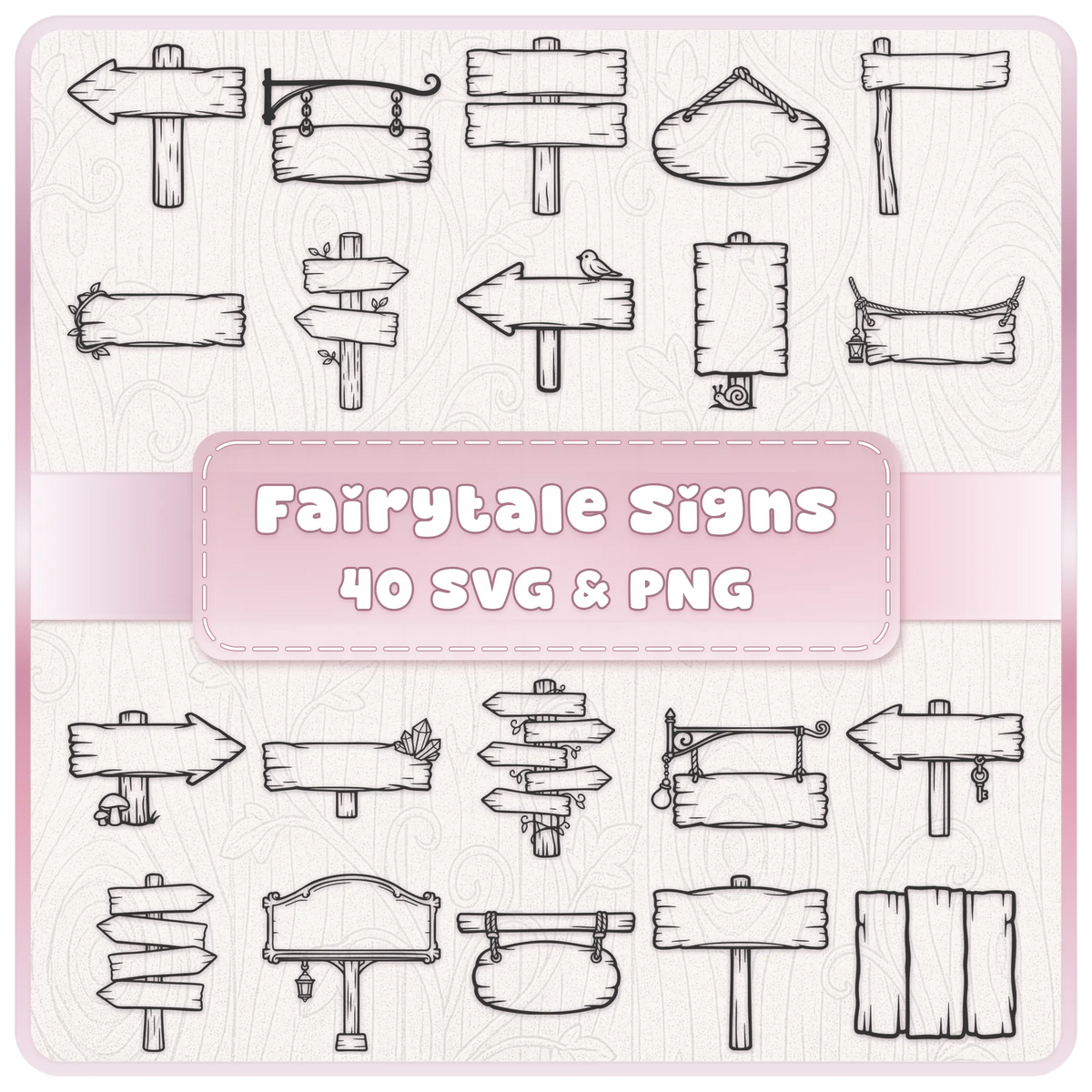 Fairytale wooden signs SVG PNG bundle with 40 rustic signposts, arrows, hanging signs and blank wooden sign clipart designs