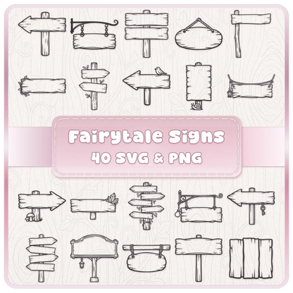 Fairytale wooden signs SVG PNG bundle with 40 rustic signposts, arrows, hanging signs and blank wooden sign clipart designs