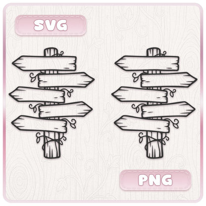 Fairytale wooden signpost SVG and PNG clipart showing blank rustic directional signs ready to personalise with text