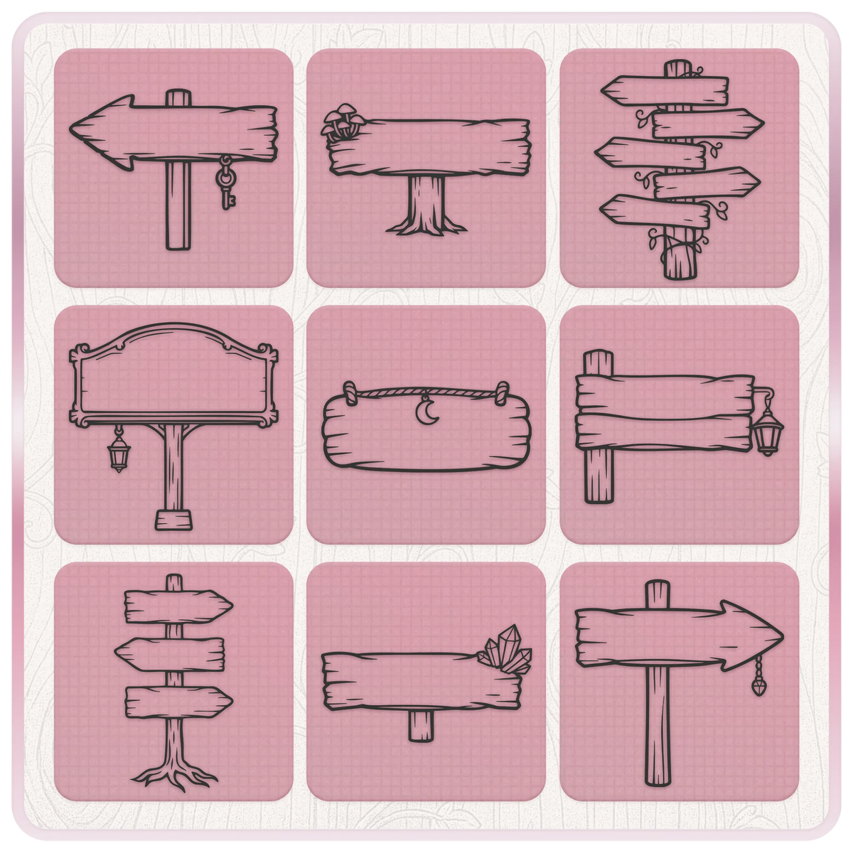 Rustic wooden sign SVG collection featuring fairytale signposts, arrows, hanging plaques, lanterns, crystals and mushrooms