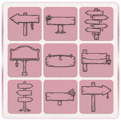 Rustic wooden sign SVG collection featuring fairytale signposts, arrows, hanging plaques, lanterns, crystals and mushrooms