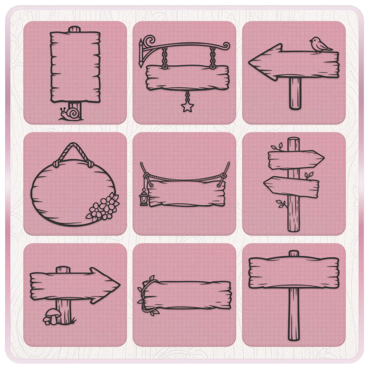 Fairytale sign SVG clipart featuring blank wooden signs, hanging boards, arrow signposts, flowers, vines, bird and snail