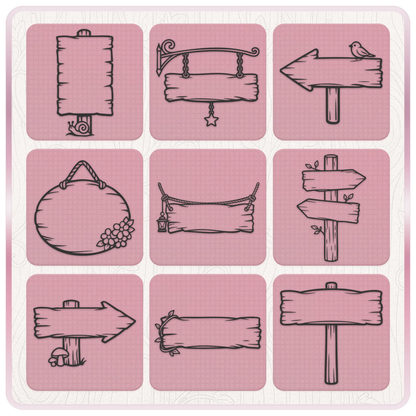 Fairytale sign SVG clipart featuring blank wooden signs, hanging boards, arrow signposts, flowers, vines, bird and snail