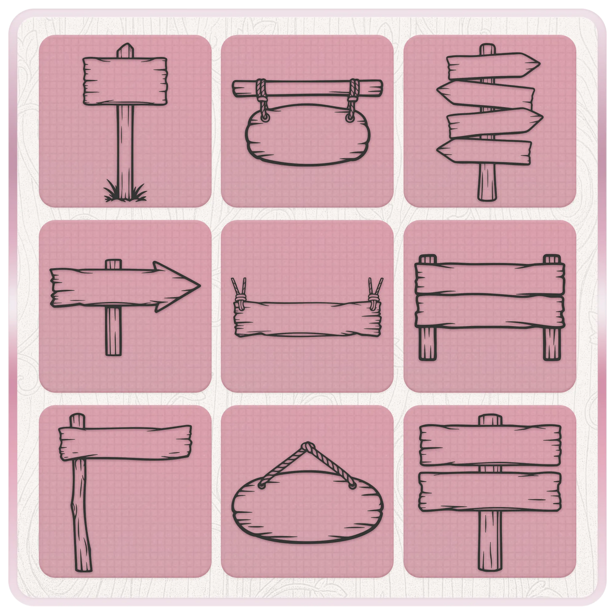 Blank wooden sign SVG designs including rustic arrows, hanging plaques, sign boards and fairytale wooden signposts