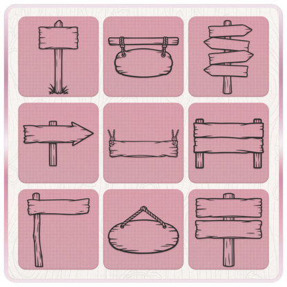 Blank wooden sign SVG designs including rustic arrows, hanging plaques, sign boards and fairytale wooden signposts