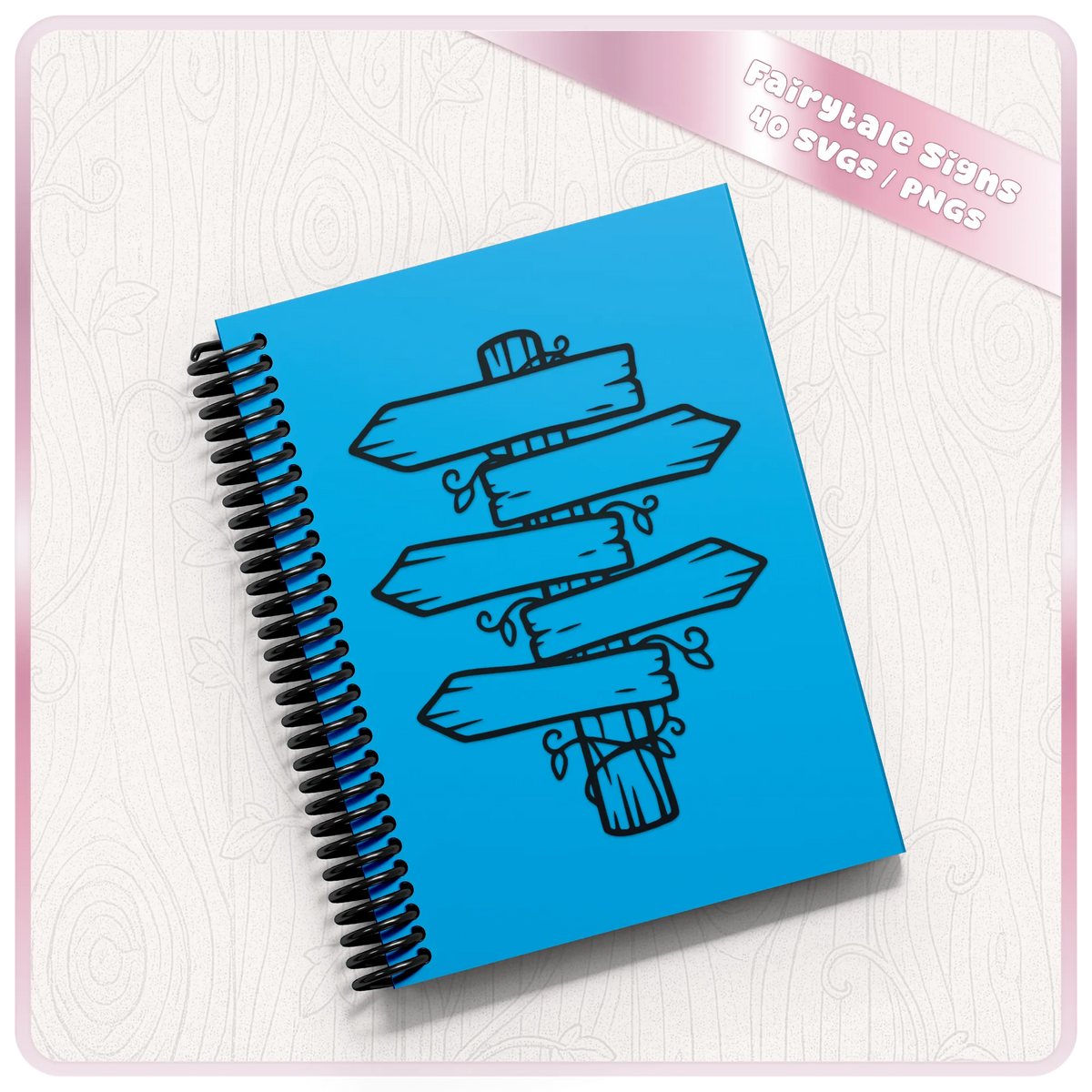 Fairytale wooden signpost SVG shown on a blue notebook mockup for personalised crafts, fantasy designs and cutting projects