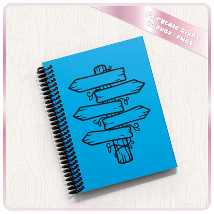 Fairytale wooden signpost SVG shown on a blue notebook mockup for personalised crafts, fantasy designs and cutting projects