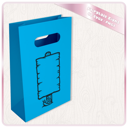 Blank fairytale wooden sign SVG with snail shown on a blue gift bag mockup for Cricut, vinyl and personalised crafts