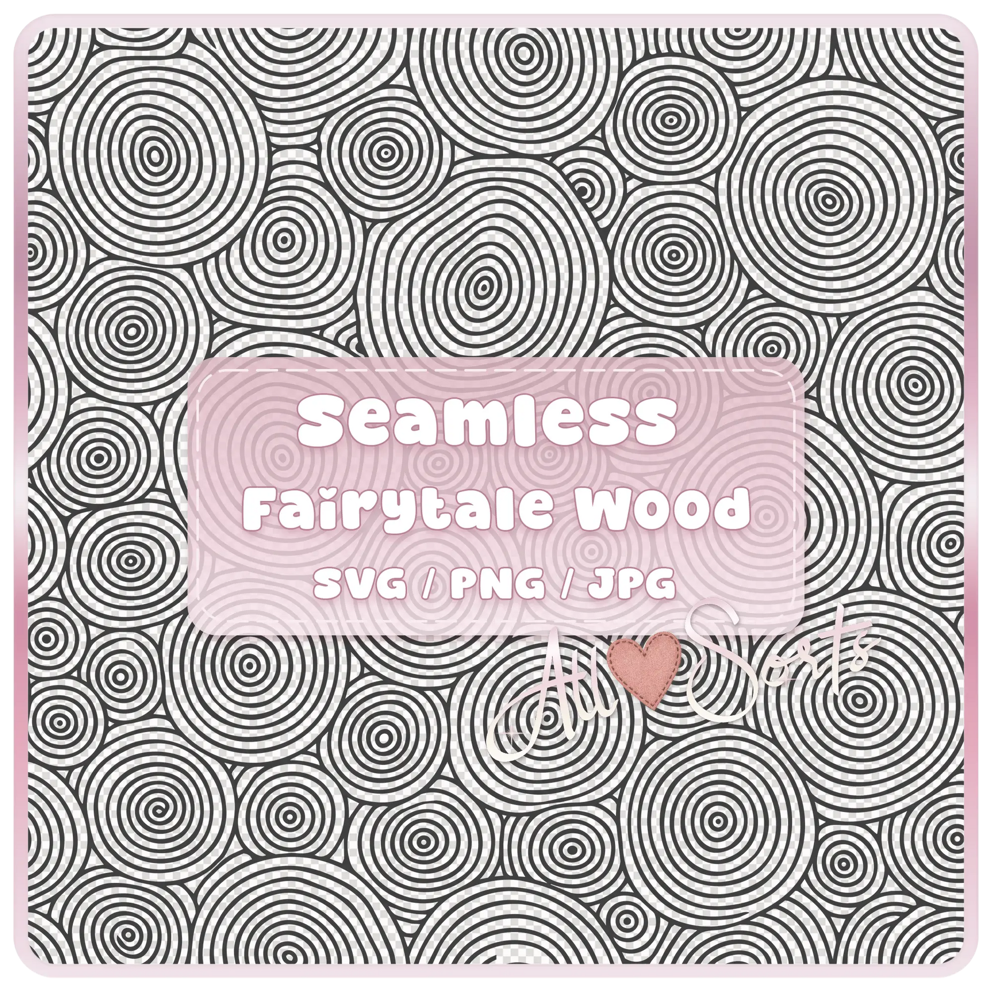 Seamless Fairytale Woodgrain SVG PNG JPG digital pattern preview with black circular tree ring woodgrain design and pink product label by All Sorts.