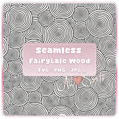 Seamless Fairytale Woodgrain SVG PNG JPG digital pattern preview with black circular tree ring woodgrain design and pink product label by All Sorts.