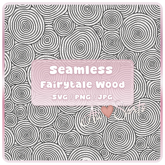 Seamless Fairytale Woodgrain SVG PNG JPG digital pattern preview with black circular tree ring woodgrain design and pink product label by All Sorts.