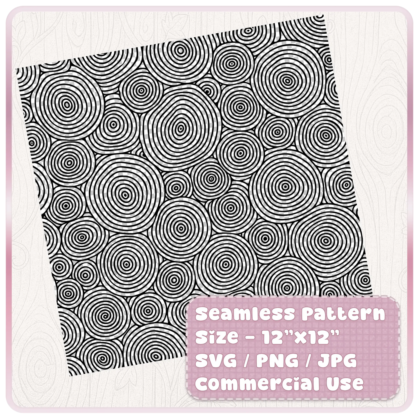 Tileable seamless woodgrain pattern digital download shown as a 12 x 12 inch SVG PNG JPG file with commercial use label.