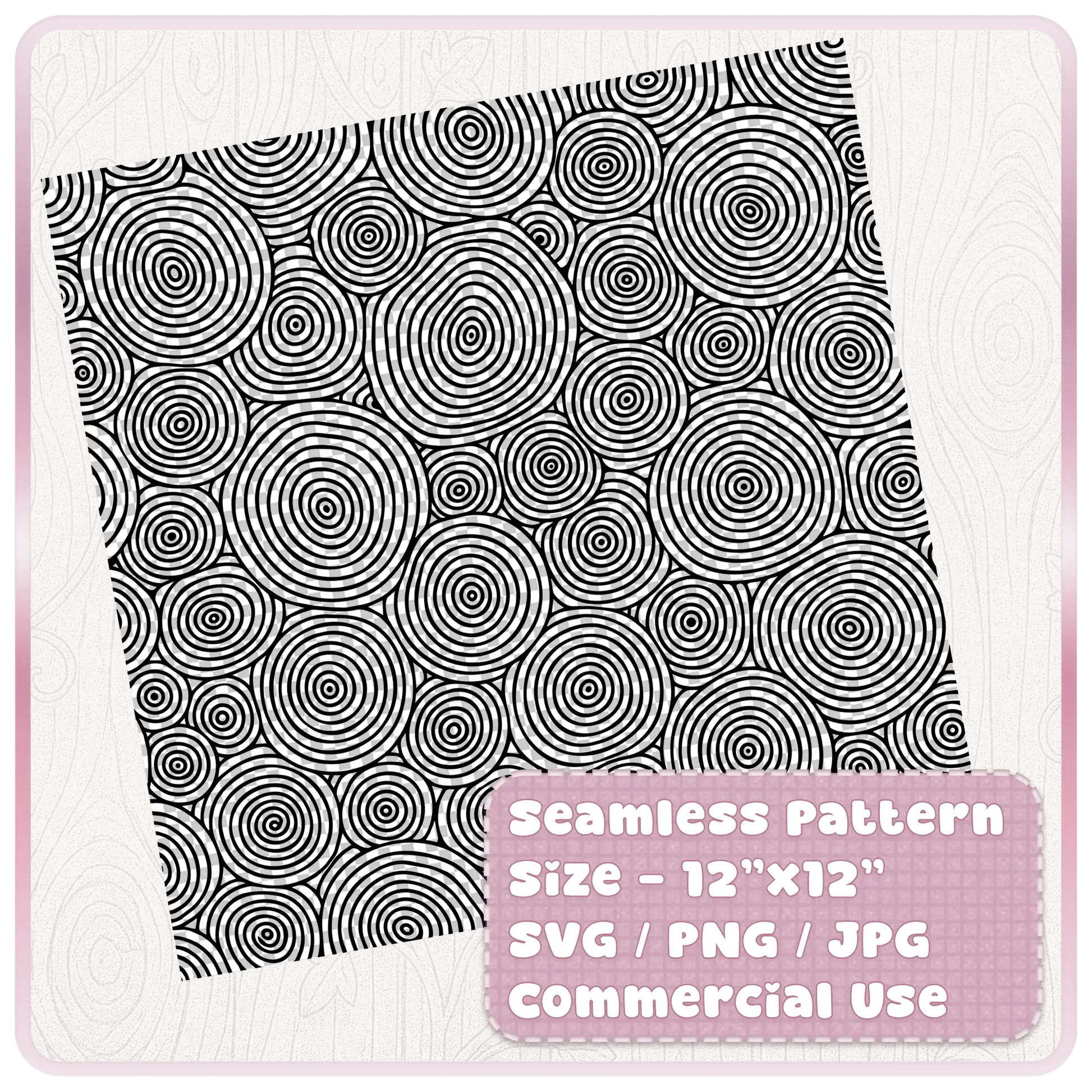 Tileable seamless woodgrain pattern digital download shown as a 12 x 12 inch SVG PNG JPG file with commercial use label.