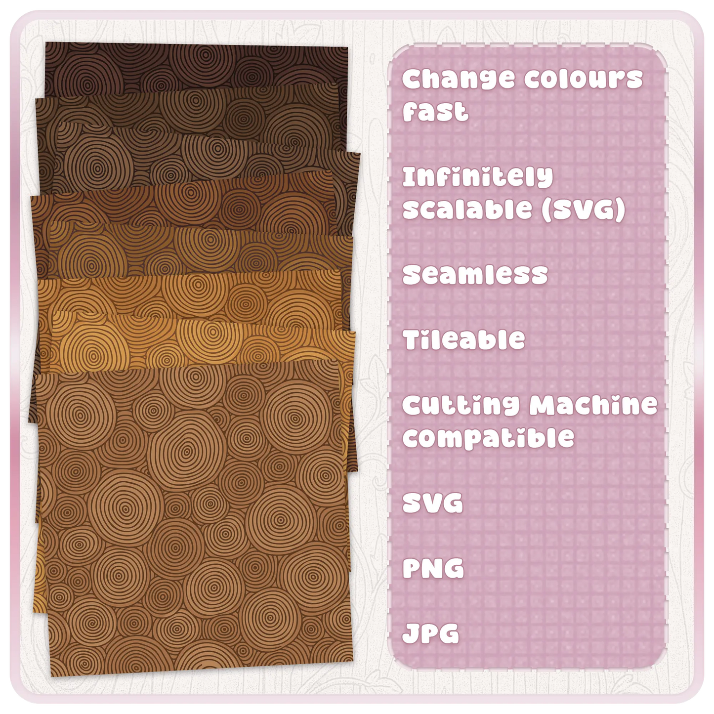 Fairytale woodgrain seamless pattern colour examples showing brown woodland tree ring designs with SVG scalability and tileable pattern features.