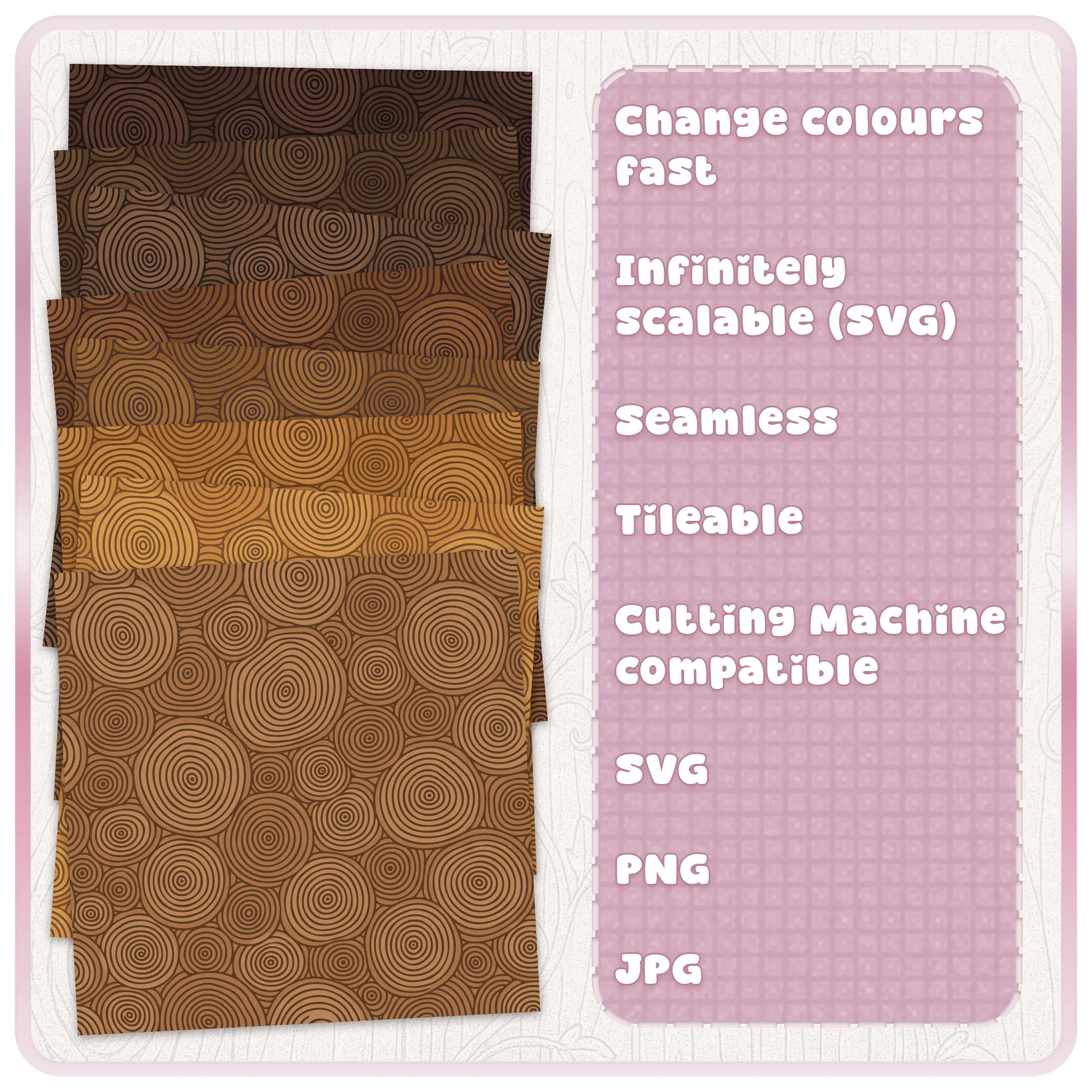 Fairytale woodgrain seamless pattern colour examples showing brown woodland tree ring designs with SVG scalability and tileable pattern features.