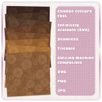Fairytale woodgrain seamless pattern colour examples showing brown woodland tree ring designs with SVG scalability and tileable pattern features.